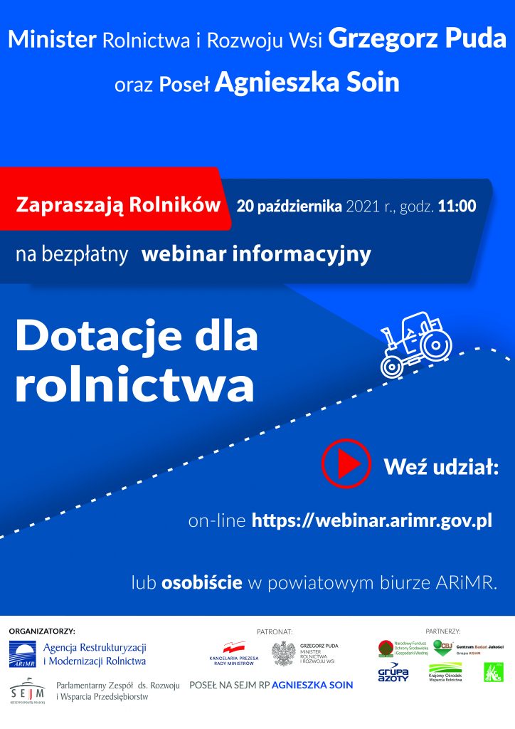 Zaproszenie do udziału w Webinarium dla rolnictwa w dniu 20.10.2021 - plakat